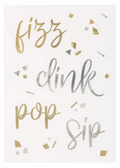 White backdrop with gold and silver metallic confetti shapes surrounding large cursive words "fizz," "clink," "pop," and.