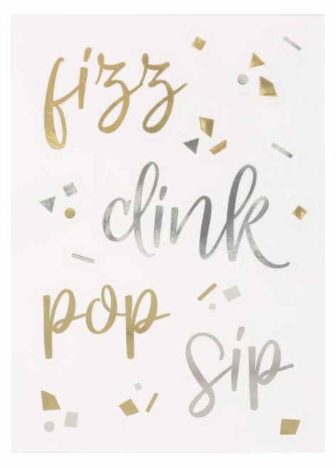 White backdrop with gold and silver metallic confetti shapes surrounding large cursive words "fizz," "clink," "pop," and.