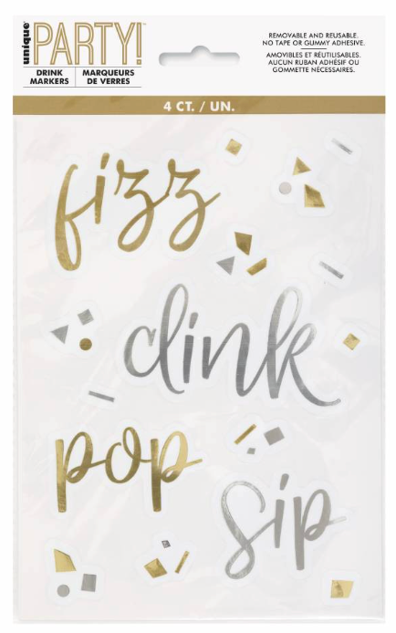 Clear plastic clinging sheet with gold and silver confetti designs and words "fizz," "clink," "pop," and "sip" in metallic.