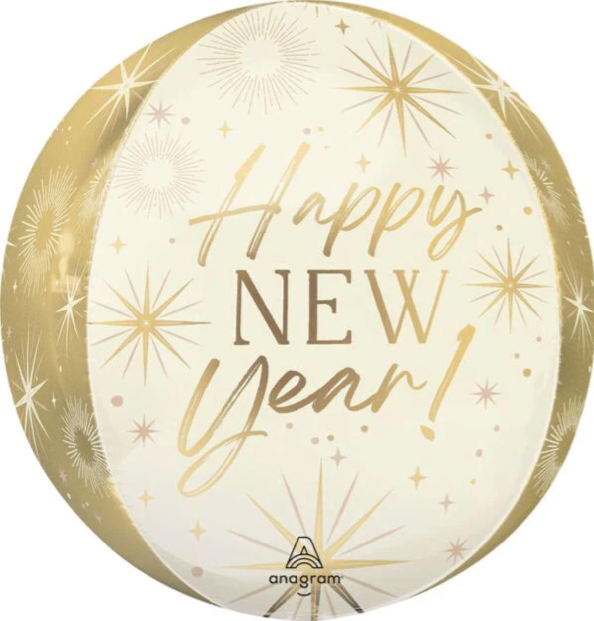 Round 16-inch foil balloon with gold and white sections, gold fireworks, and "Happy New Year!" text.