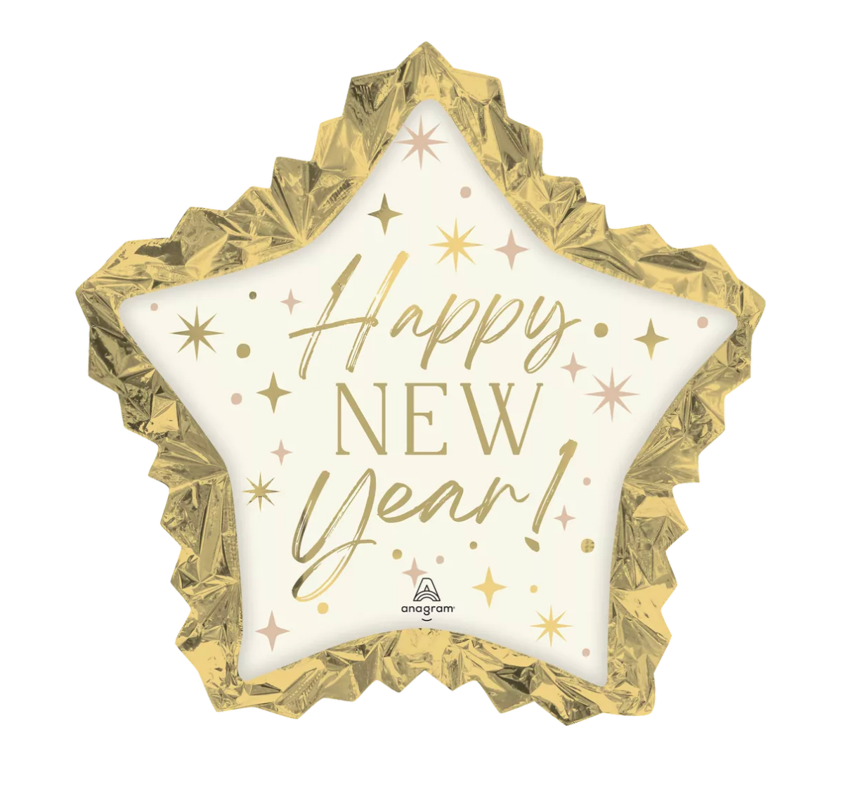 Star-shaped foil balloon with gold border and white center featuring gold "Happy New Year!" text and starburst designs.