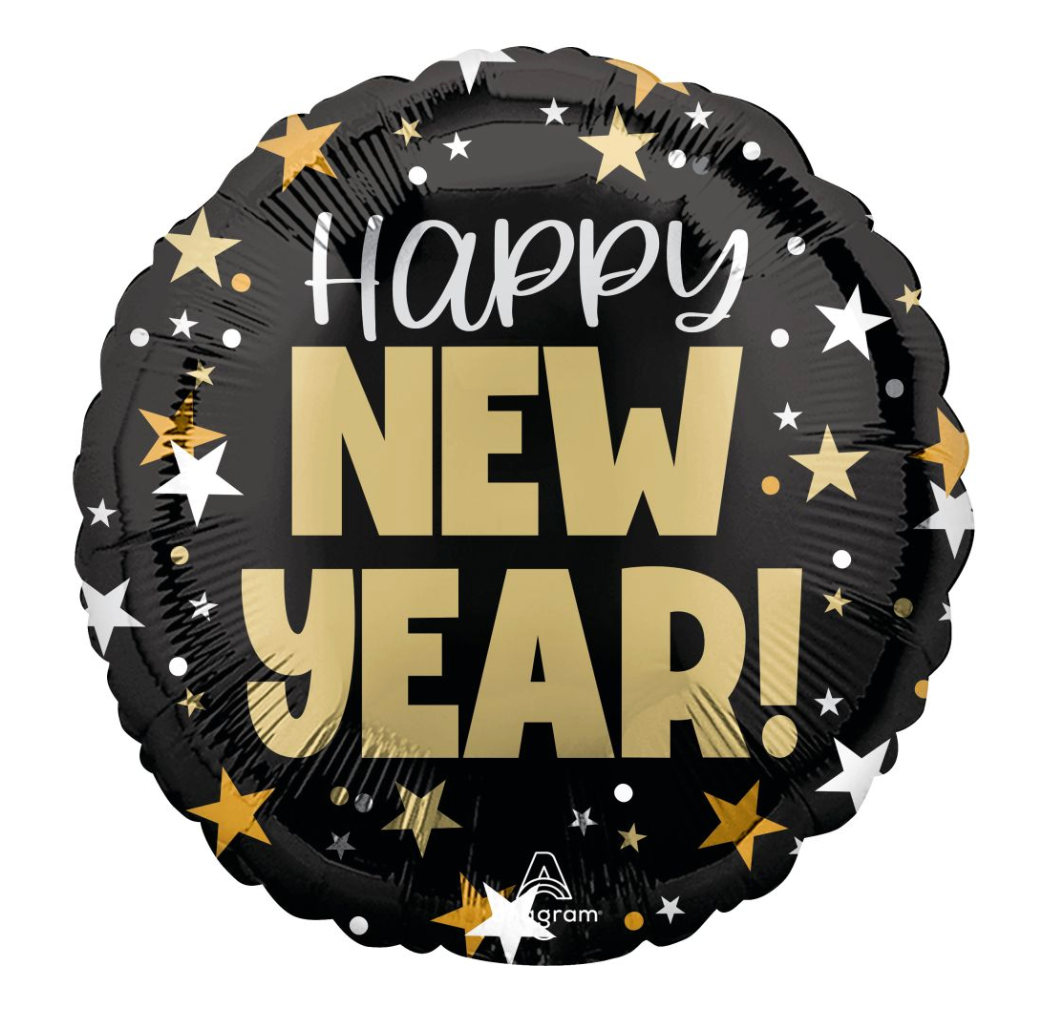 Black round foil balloon with gold and white stars, "Happy New Year!" in gold and white lettering.