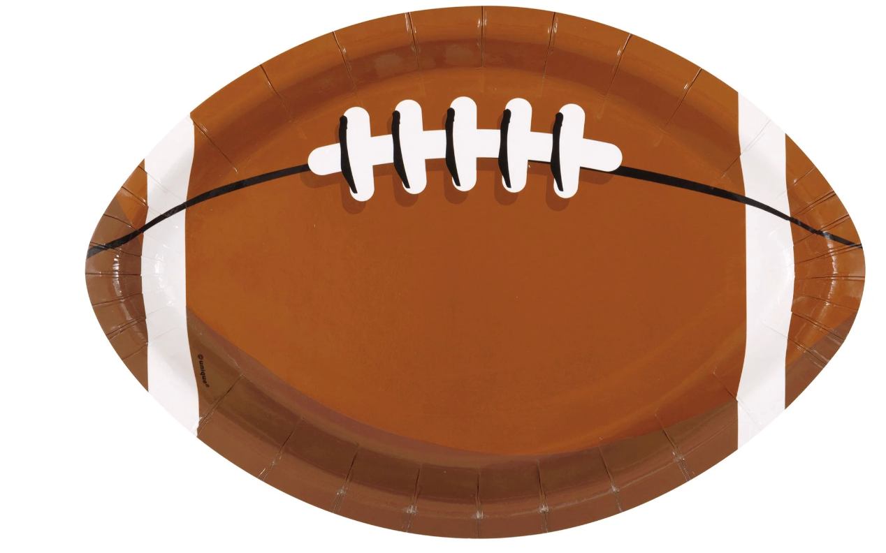 Brown football-shaped paper plate with white laces and end stripes, 9.25 inches wide.