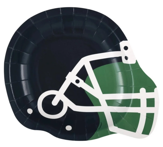 Black and green football helmet-shaped paper plate with white faceguard detail, 8.25 inches, pack of 8.