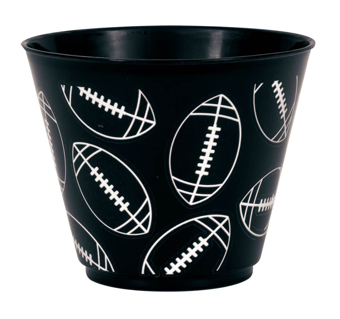 Black plastic tumbler with white football graphic pattern, 9oz capacity, tapered shape.