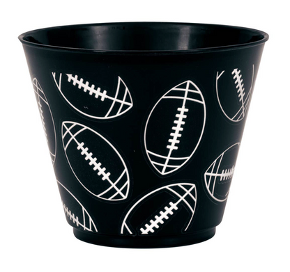Black plastic tumbler with white football graphic pattern, 9oz capacity, tapered shape.