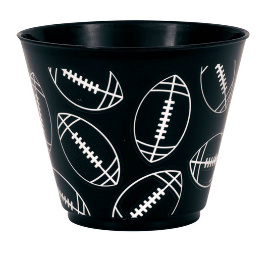 Black plastic tumbler with white football graphic pattern, 9oz capacity, tapered shape.