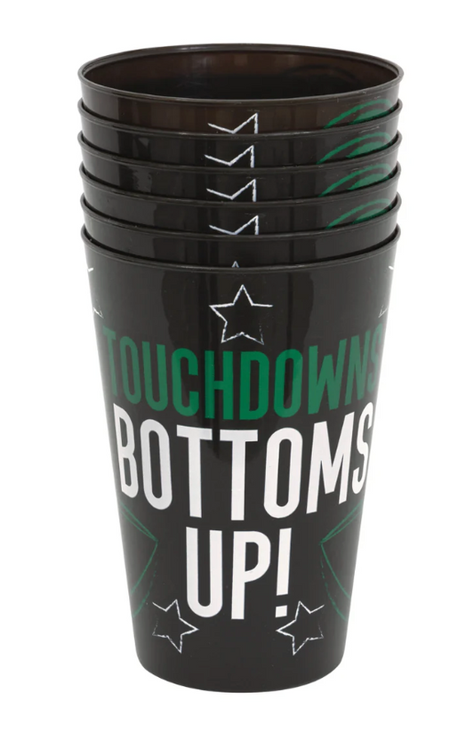 Set of six black 16-ounce plastic cups with green and white football-themed "Touchdown Bottoms Up!" text and star graphics.