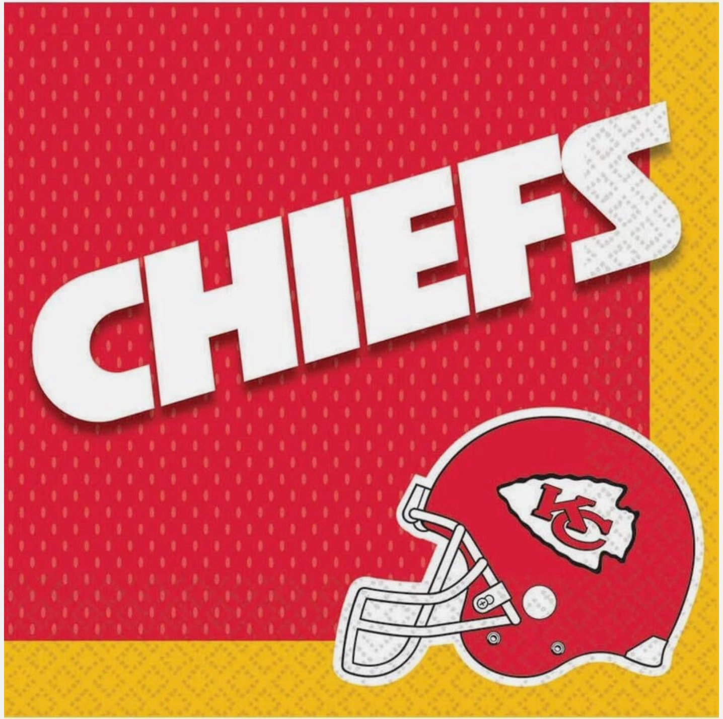 Red and yellow luncheon napkin with white "CHIEFS" text and Kansas City Chiefs football helmet logo.