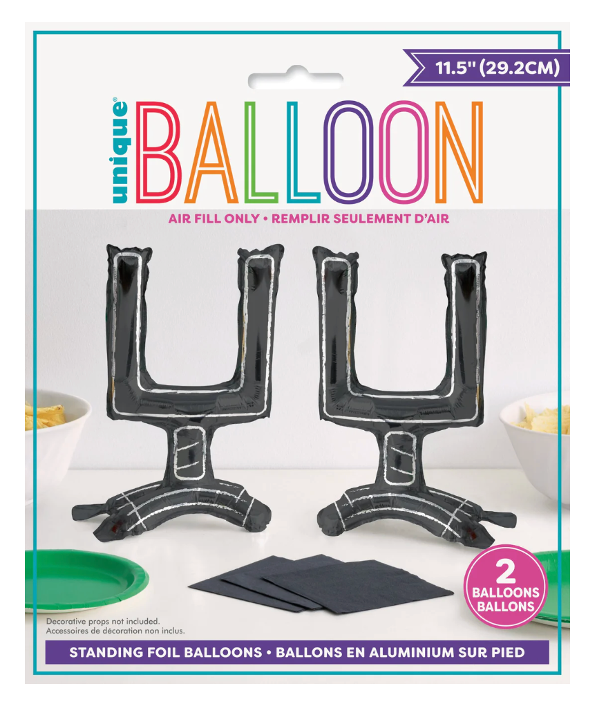 Two black standing foil balloons shaped like football goalposts with white stitching details, each measuring 11.