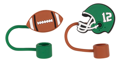 Set of two silicone straw covers featuring a brown football and a green football helmet with number 12.