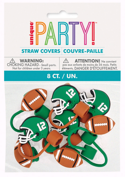 Set of eight football-shaped silicone straw covers in brown and white with green rings for attachment.