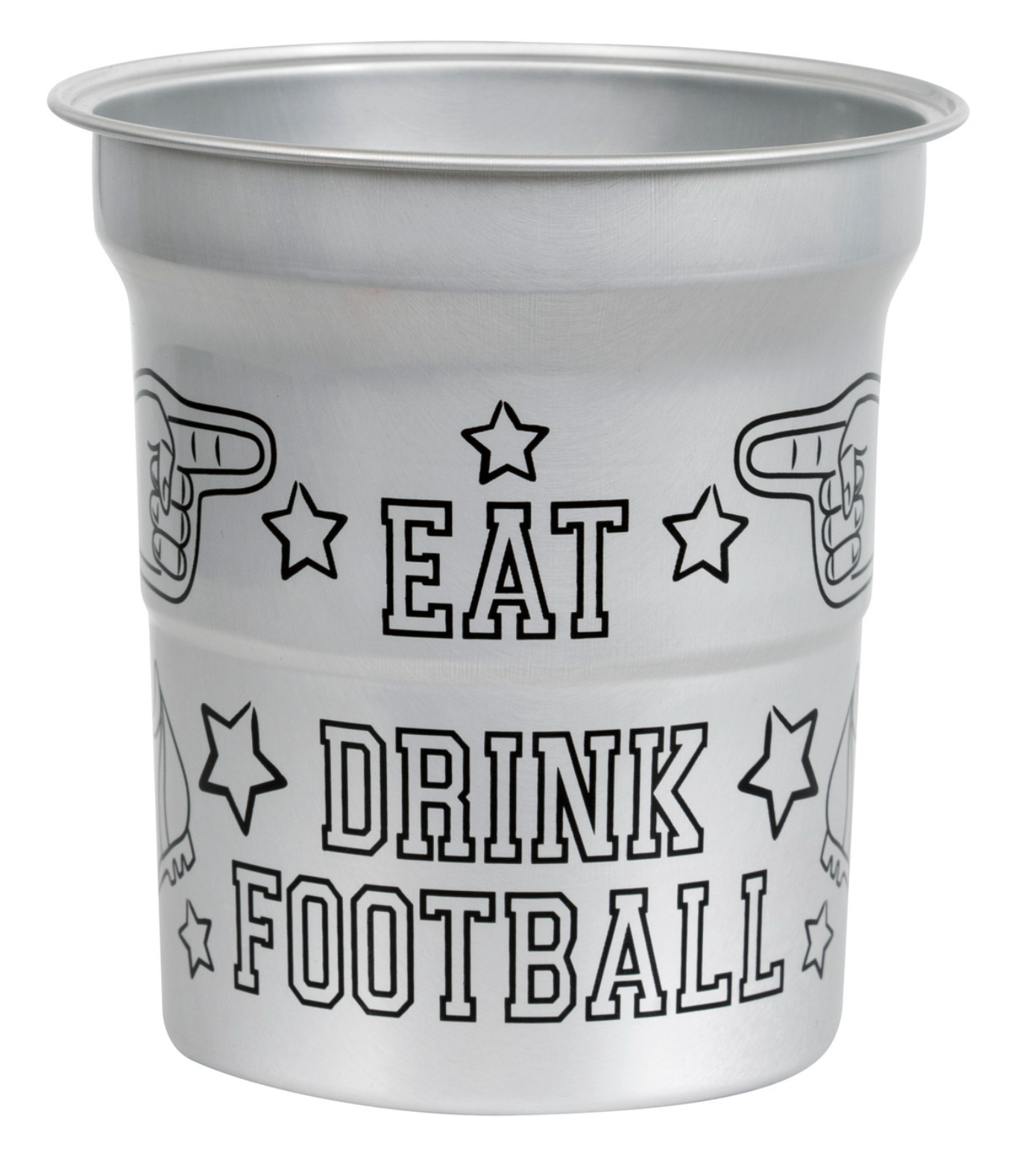Silver aluminum cup with black text saying "Eat Drink Football" and football-themed graphics.
