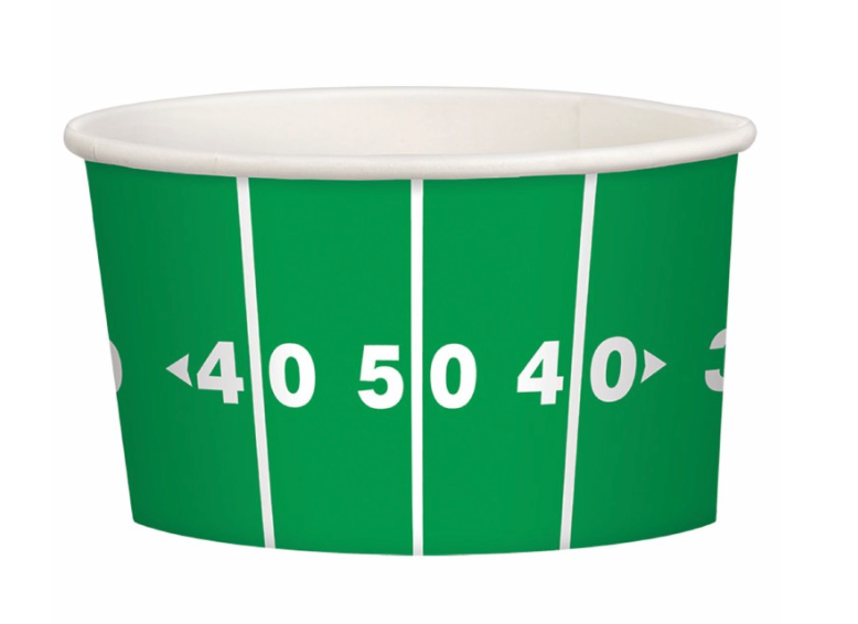 Green paper treat cup with white football field yard lines and numbers 40 and 50.