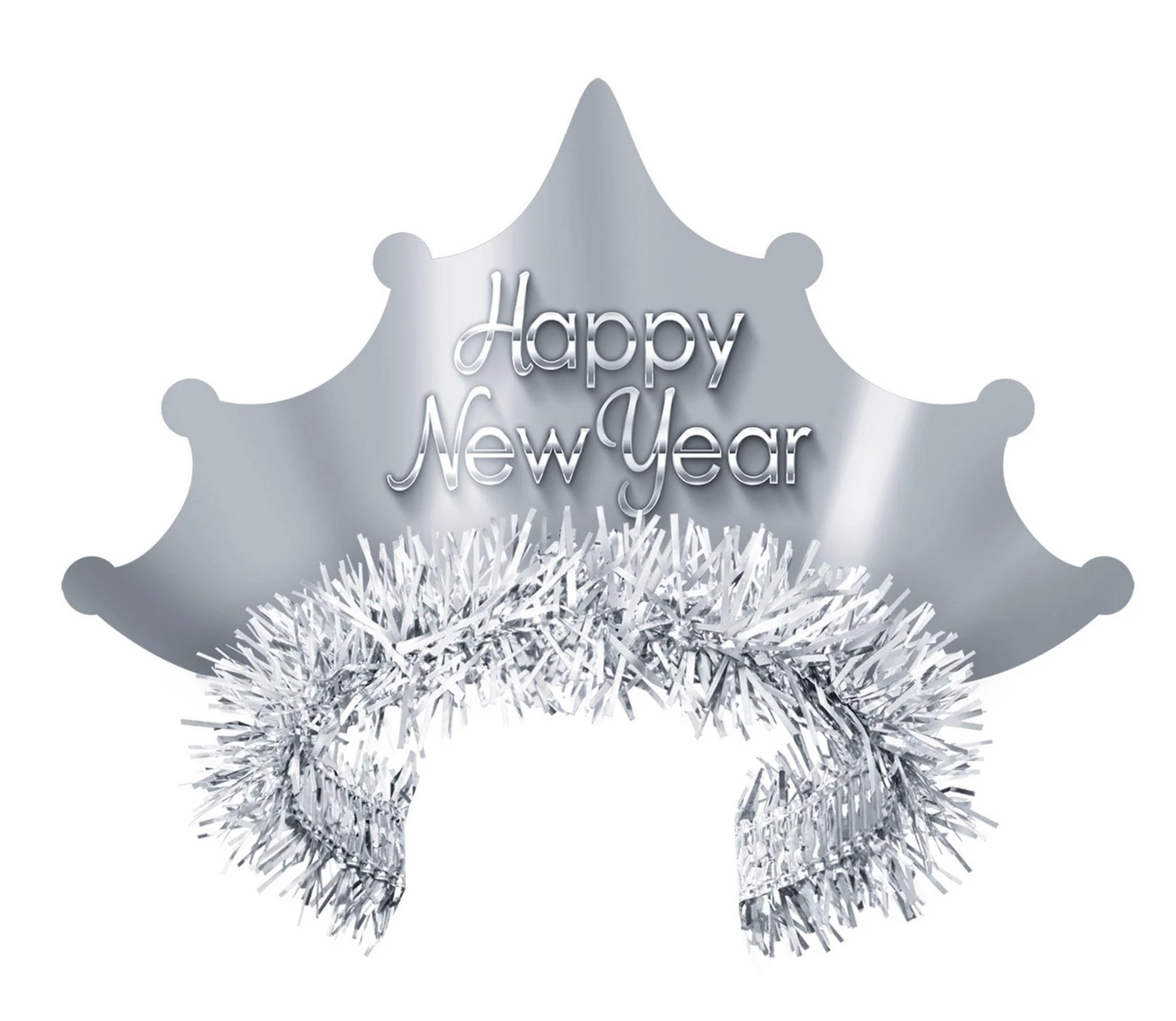 Silver plastic tiara with "Happy New Year" lettering and shiny silver tinsel trim at the base.
