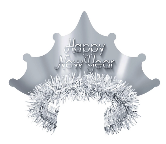 Silver plastic tiara with "Happy New Year" lettering and shiny silver tinsel trim at the base.