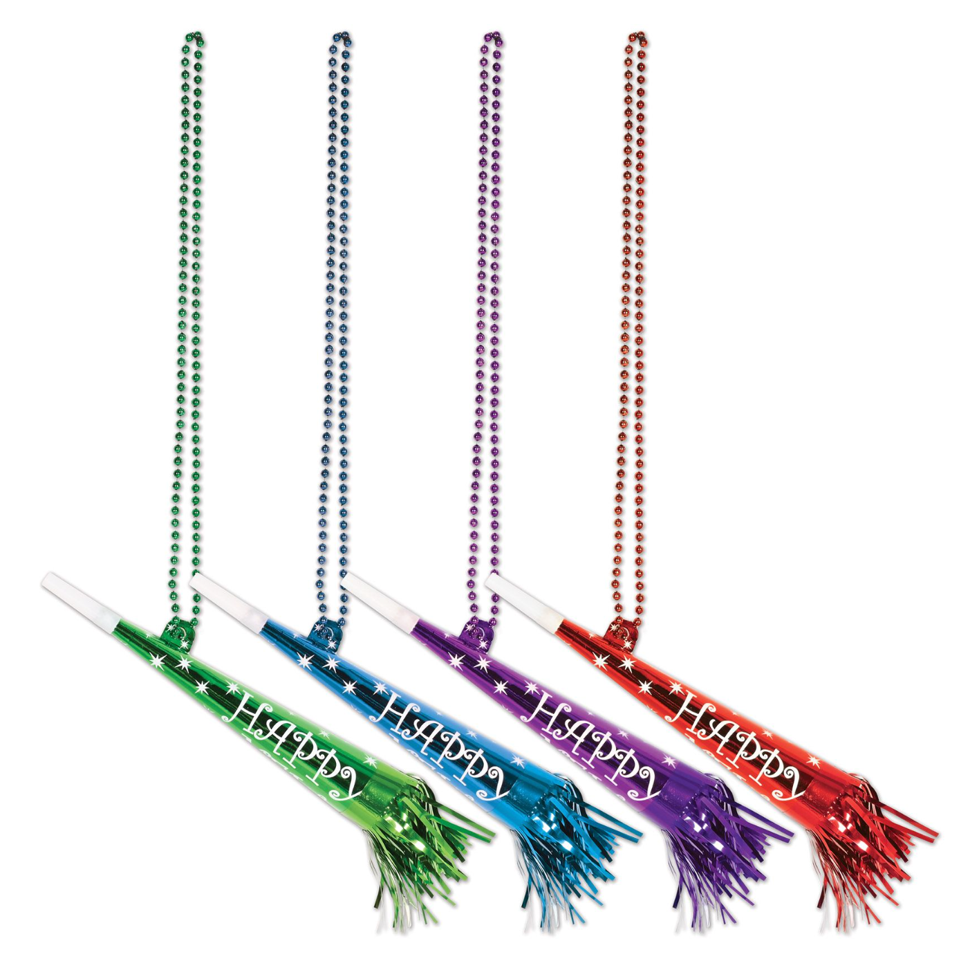 Four metallic party horns in green, blue, purple, and red with matching multi-color bead necklaces and fringe tassels.
