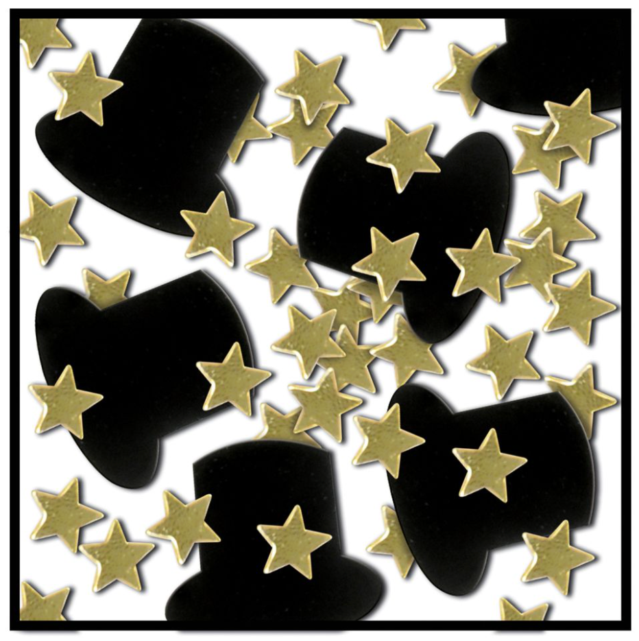 Black paper top hats and small gold star confetti scattered on white background.