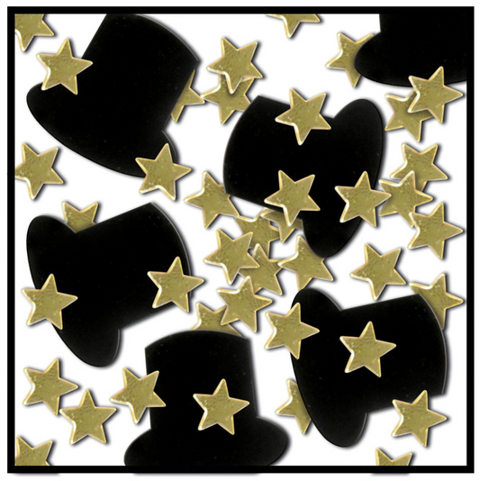 Black paper top hats and small gold star confetti scattered on white background.