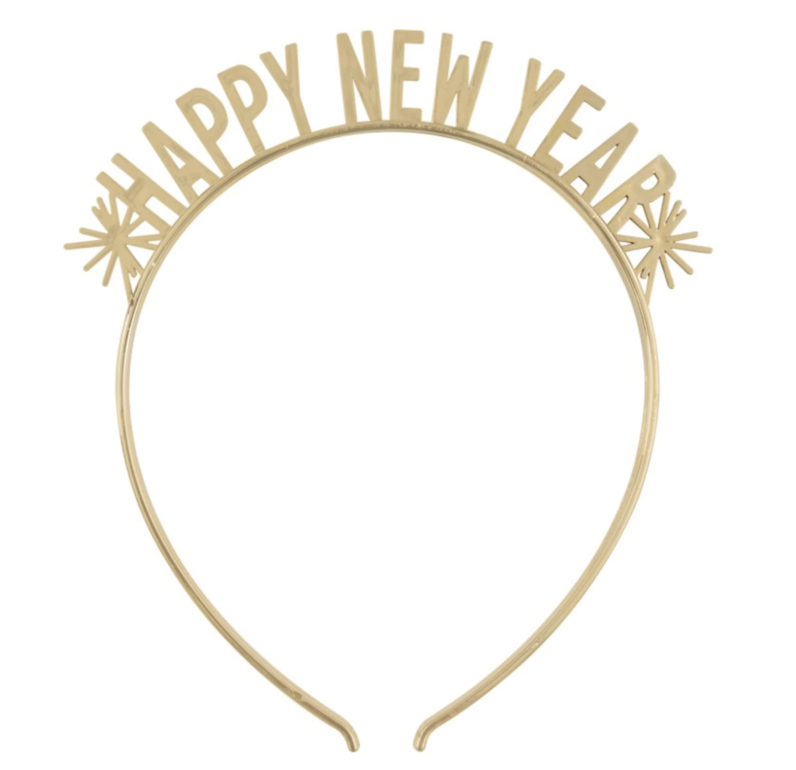 Gold plastic headband featuring "Happy New Year" text and starburst accents for festive celebrations.