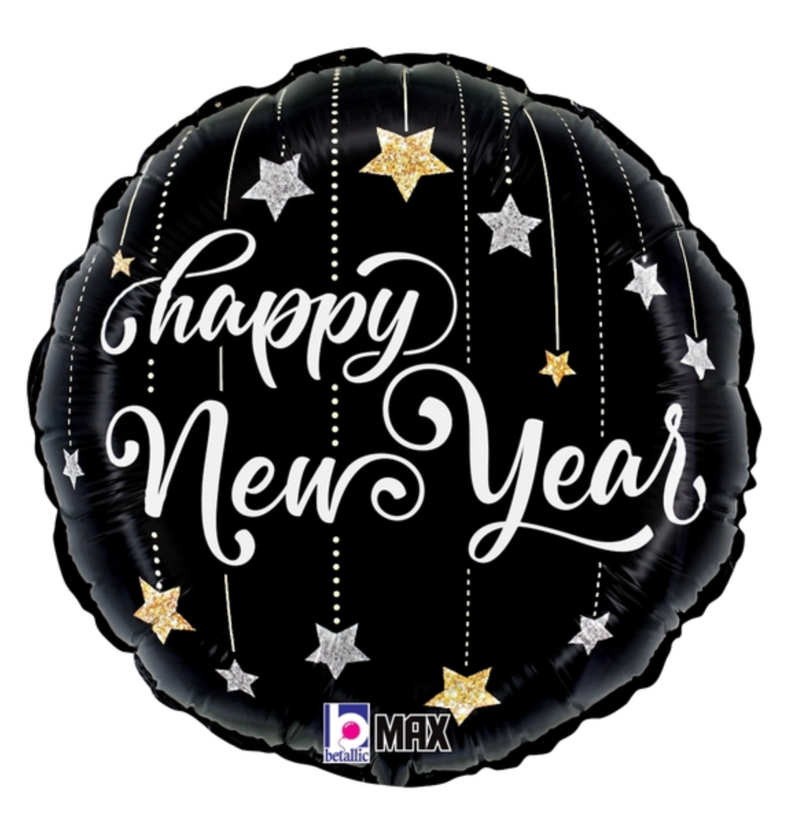 18-inch round black foil balloon with white "happy New Year" text and hanging gold and silver stars design.