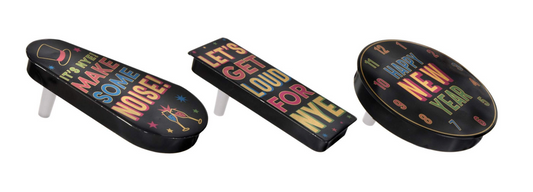 Set of three multicolored New Year's Eve noisemakers with black bases and festive gold, red, and green lettering designs.