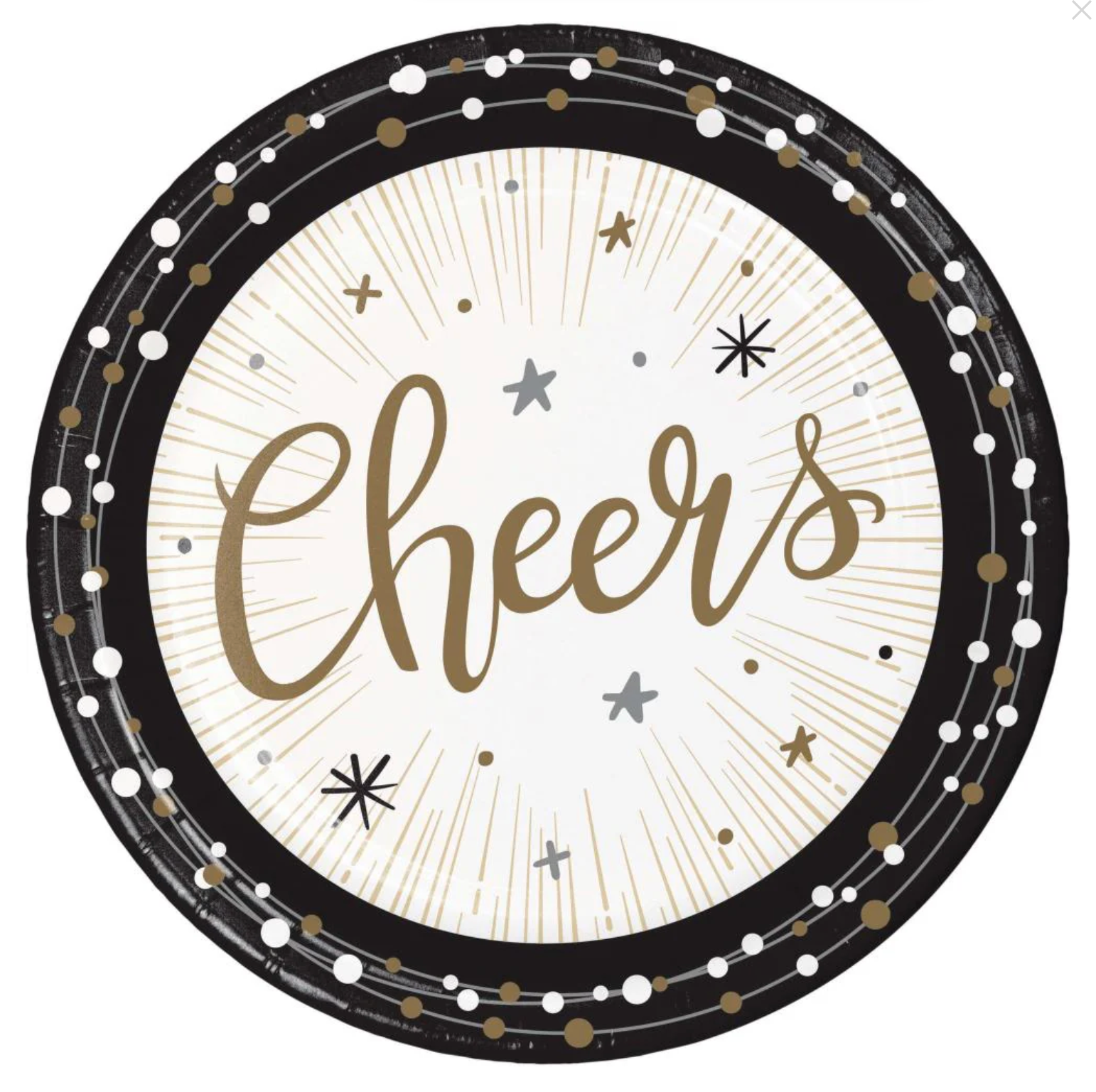 Round black and white luncheon plate with gold script "Cheers" and starburst design, decorated with gold, silver, and black.