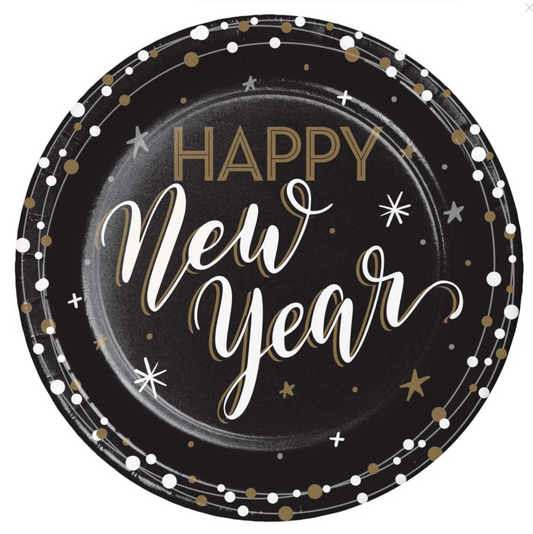 Black round paper dinner plate with gold and white "Happy New Year" text, decorated with gold and white confetti and star.