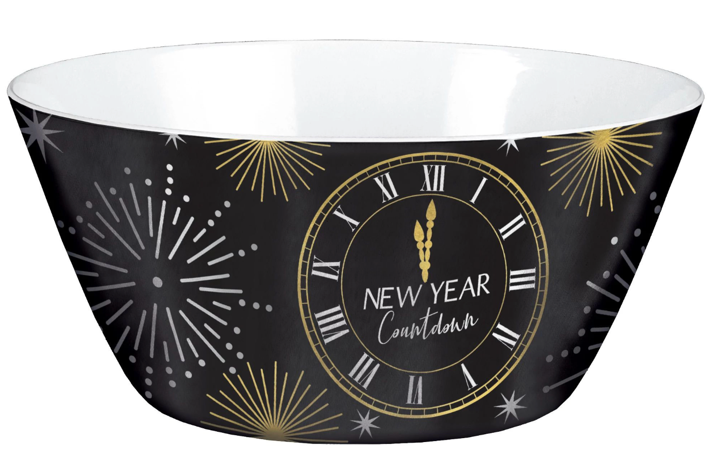 Black melamine serving bowl with gold and silver fireworks and clock face showing midnight, "New Year Countdown" text in.