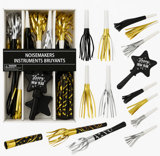Boxed set of 40 black, silver, and gold New Year's noisemakers including star-shaped clappers, metallic foil tassels, and.