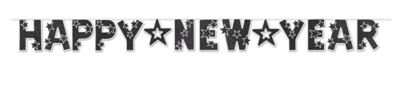 NYE Glittered Happy New Year Streamer in White and Black