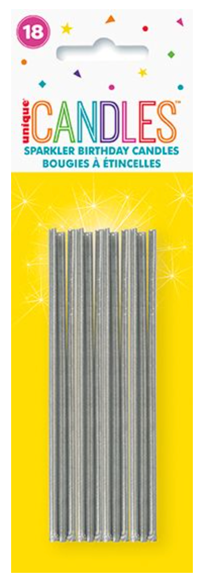 Velas de cumpleaños plateadas brillantes, 18 unidades