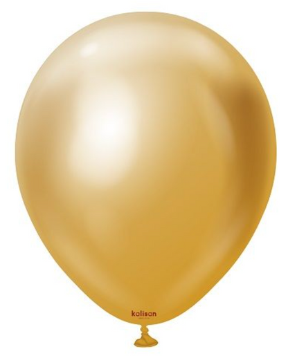Shiny gold latex balloon with smooth surface and classic round shape, 12-inch size.