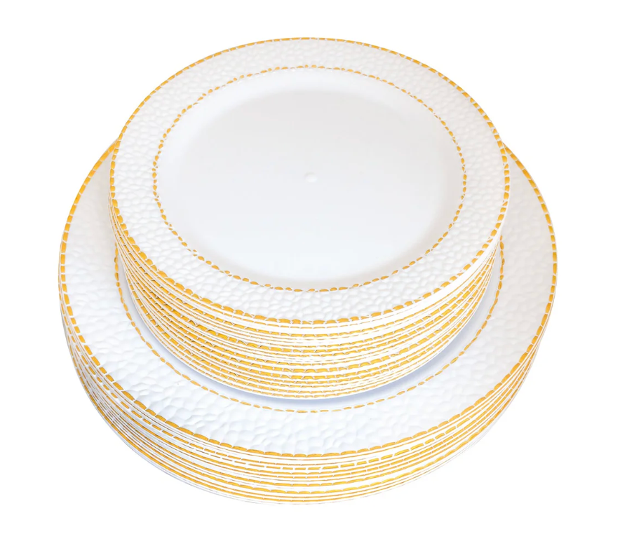 Hammered Plates white with gold rim Set 50ct