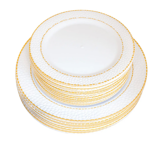 Juego de platos martillados blancos con borde dorado, 50 unidades