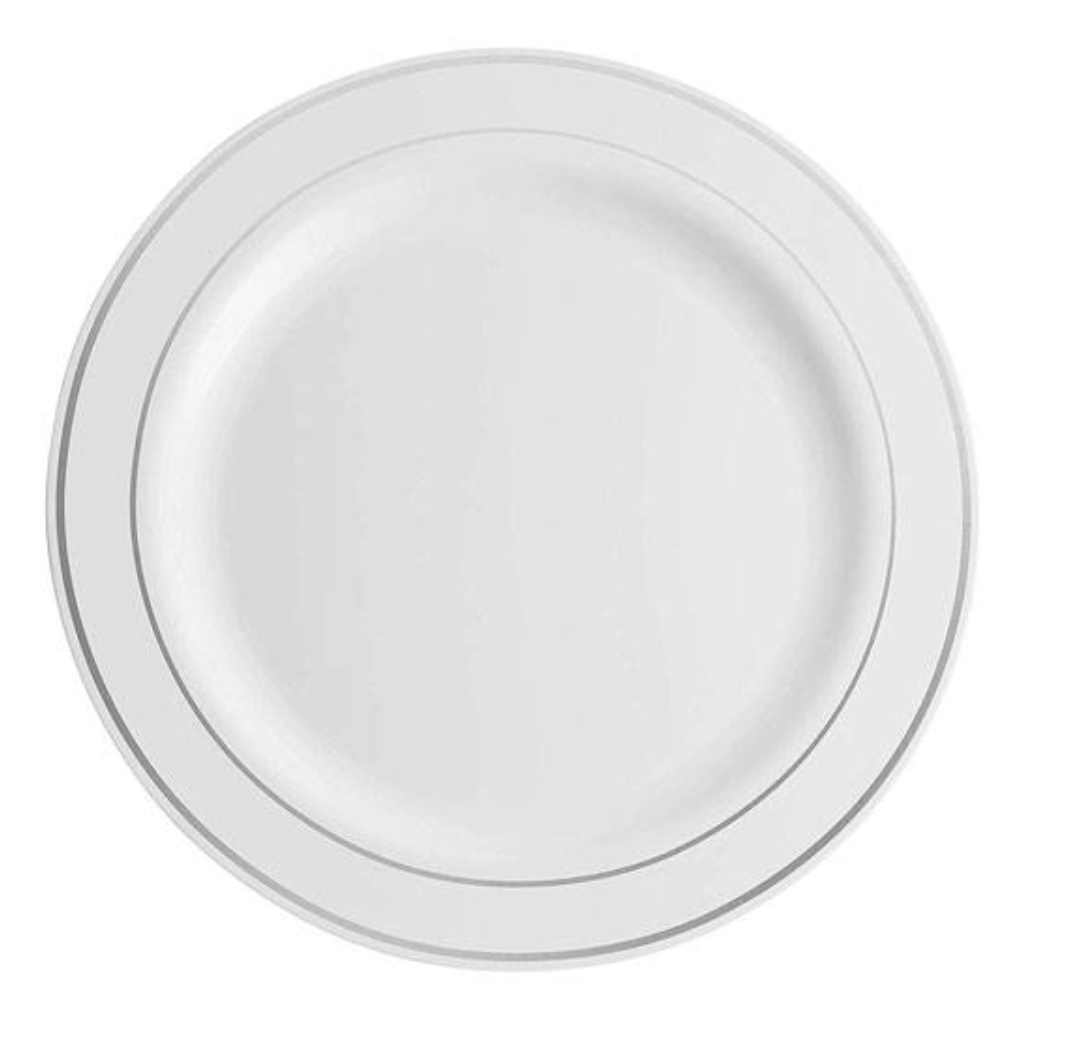 Plastic 7.5 inch Divine White with Silver im Plastic Plates 12ct