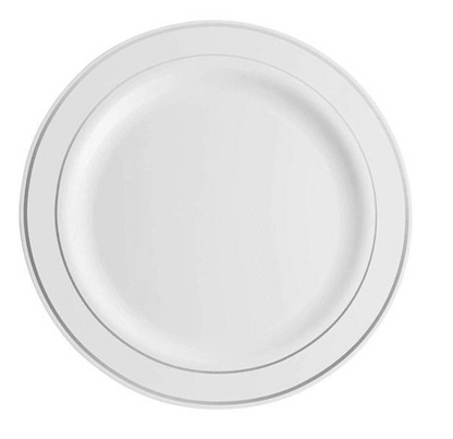 Plastic 7.5 inch Divine White with Silver im Plastic Plates 12ct