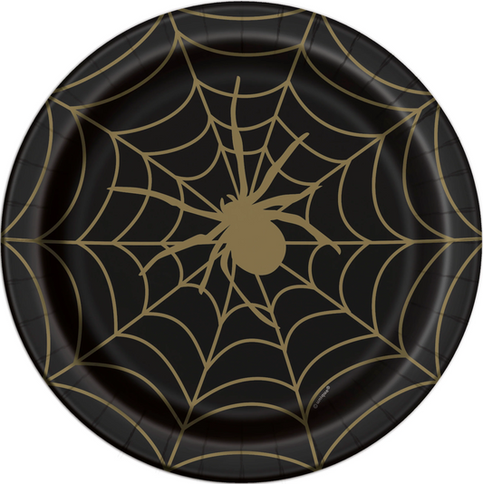 Black & Gold Spider Web Round 9" Dinner Plates, 8ct