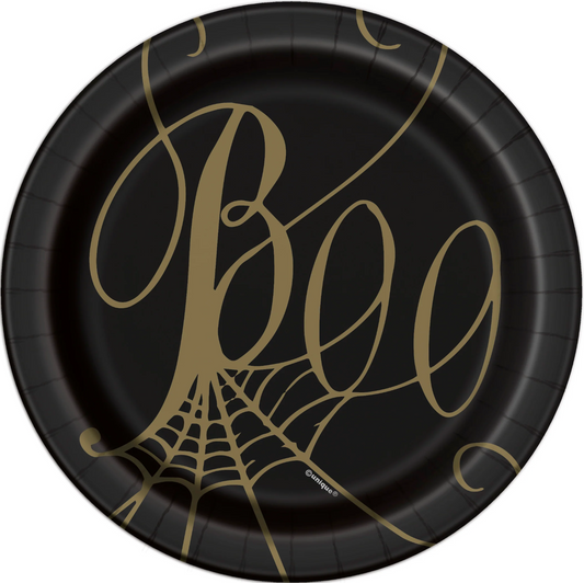 Black & Gold Spider Web Round 7" Dessert Plates, 8ct