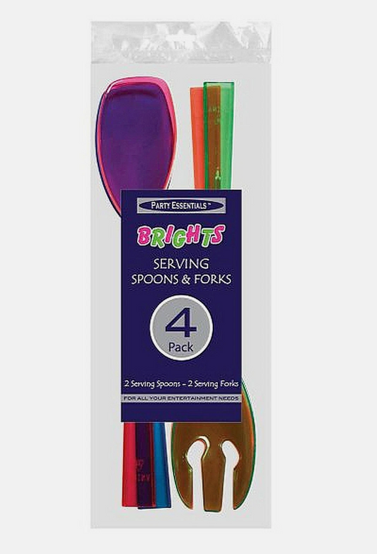 Plastic 9.5 inch Serving Fork and Spoon Assorted Neon 4ct