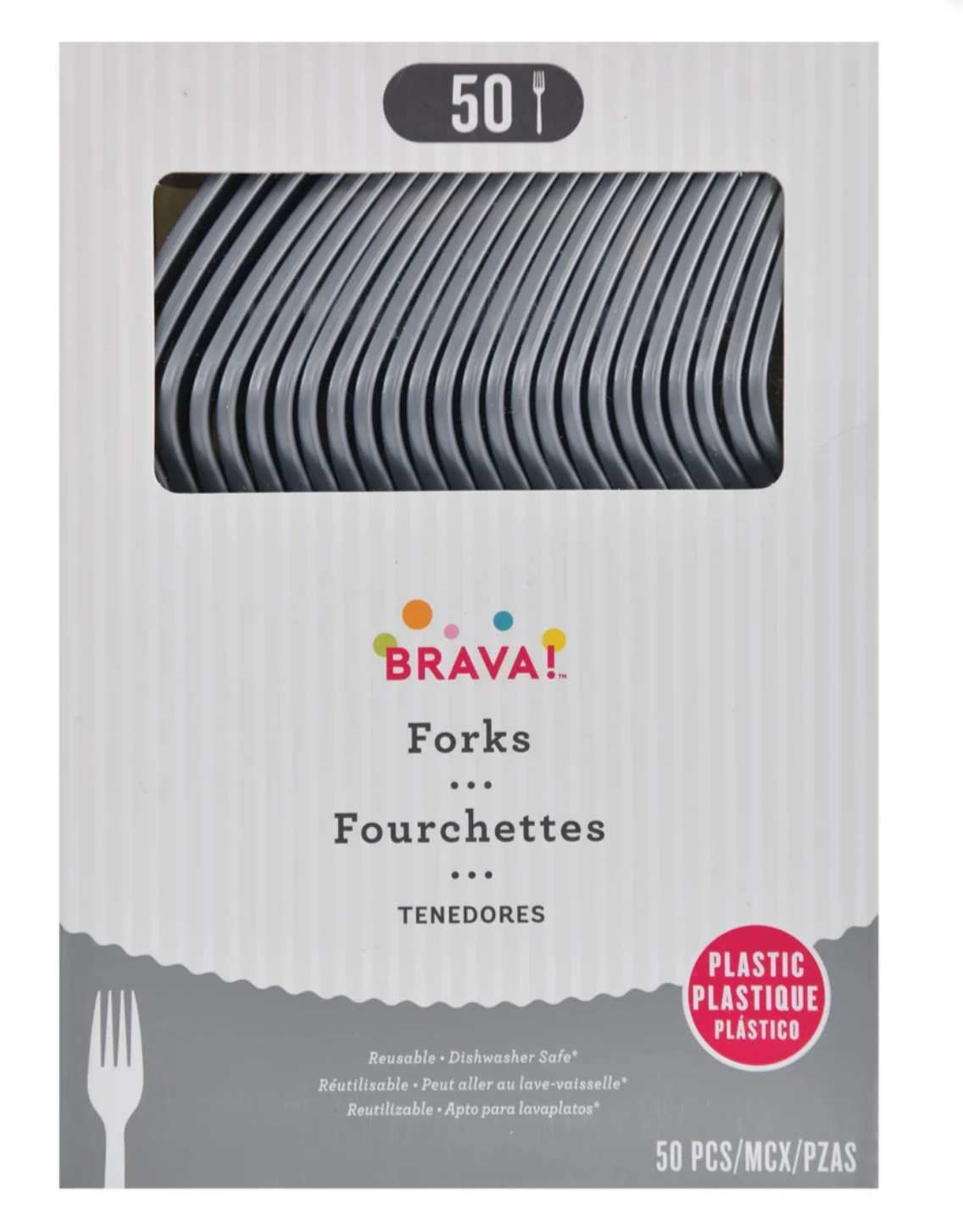 Tenedor de plástico plateado, 50 unidades