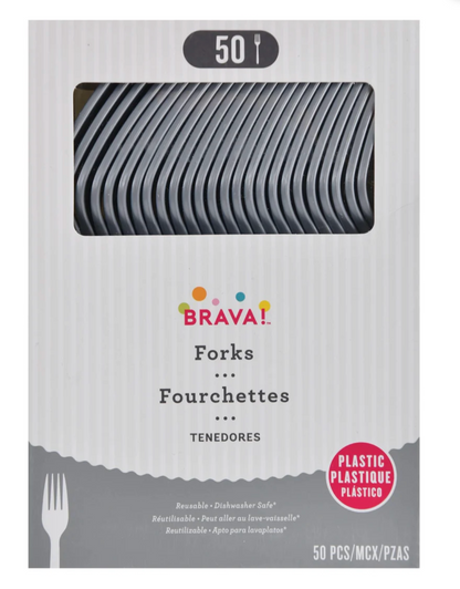 Tenedor de plástico plateado, 50 unidades