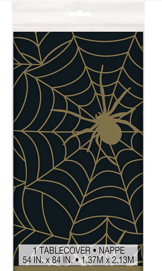 Mantel rectangular de plástico con diseño de telaraña en color negro y dorado, 54" x 84"