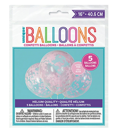 Globos de látex transparentes de 16 pulgadas con confeti de corazón rosa, 5 unidades
