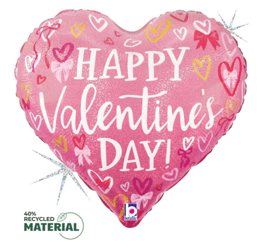 Betallic Valentine Pink Bows and Hearts 18 inch Glitter Holographic Tapered Heart Balloon 1ct