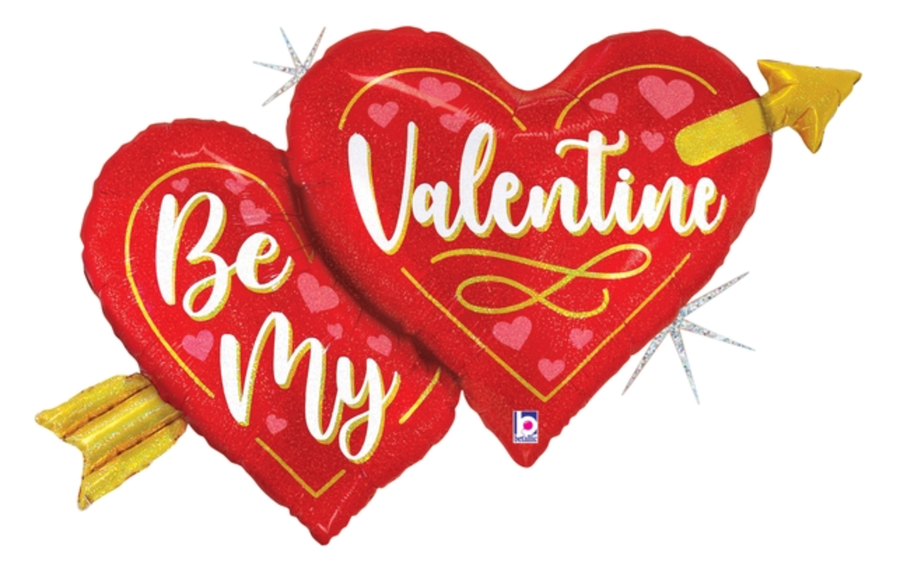 Betallic Valentine Two Hearts Arrow 40 inch Glitter Holographic Balloon 1ct