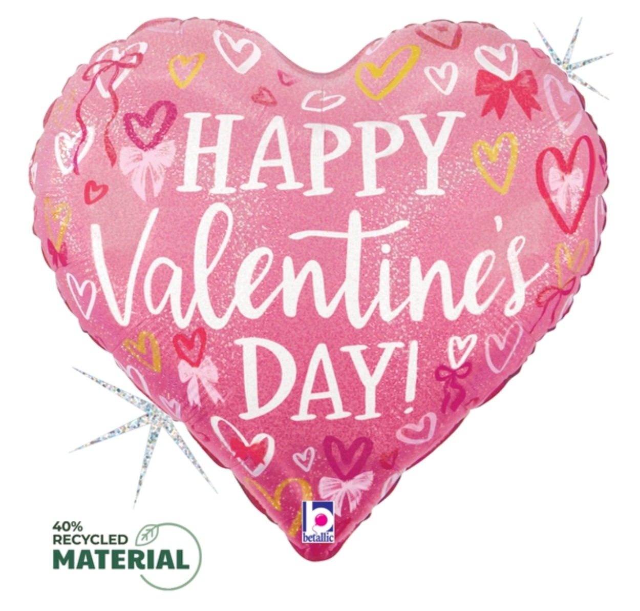 Betallic Valentine Pink Bows and Hearts 4 inch Glitter Holographic Heart Balloon 1ct