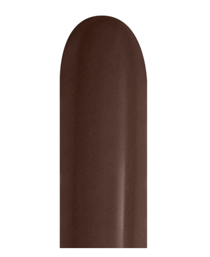 Long, cylindrical chocolate brown latex balloon in an uninflated state.