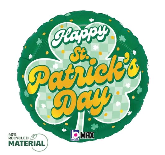 Betallic St. Patricks Day Checkered Shamrocks 18 inch Round Foil Balloon 1ct
