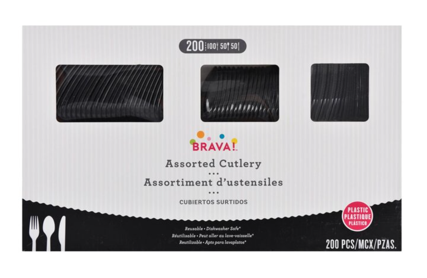 Jet Black Plastic Assorted Cutlery 200ct - Toy World Inc